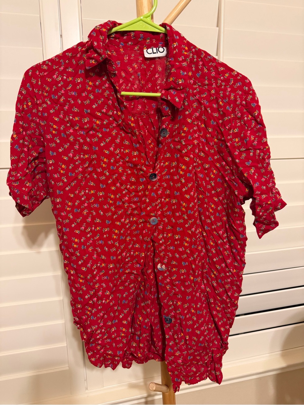 Clio Red Short-Sleeve Button-Down with Tiny Floral Print